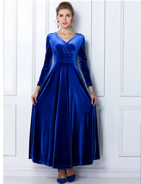 Elegant Long Sleeve V-Neck Velvet Maxi Dress