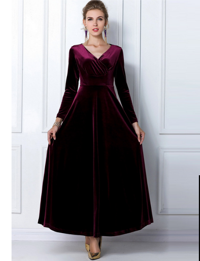 Elegant Long Sleeve V-Neck Velvet Maxi Dress