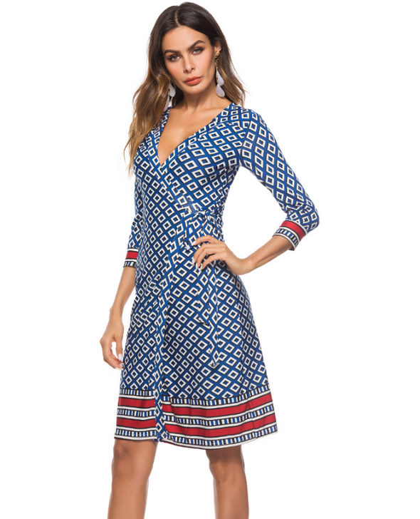 Check Print 3/4 Sleeve Beach Dresses