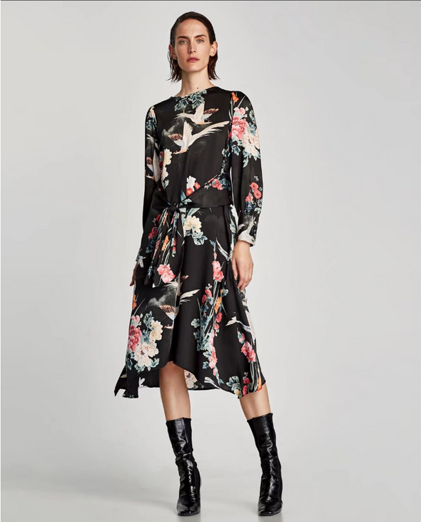 Bird Bowknot Print Long Sleeve Dresses