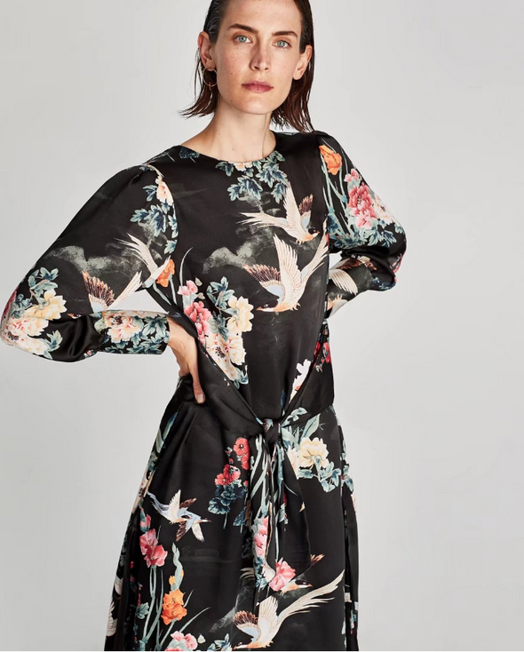 Bird Bowknot Print Long Sleeve Dresses