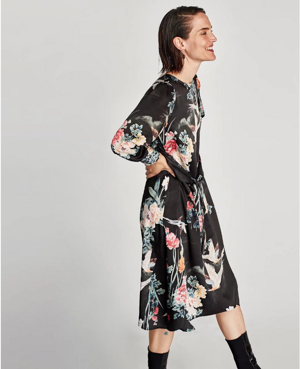 Bird Bowknot Print Long Sleeve Dresses