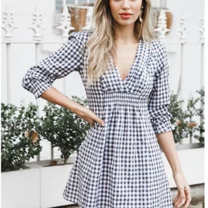 Check V Neck Long Sleeve Dresses