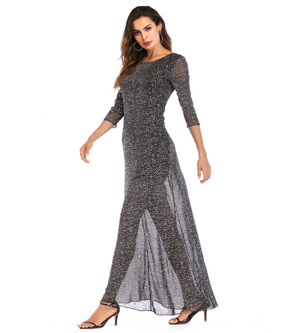 3/4 Sleeve Solid Color Maxi Evening Dresses