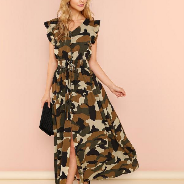 Camouflage V Neck Bandage Maxi Dresses