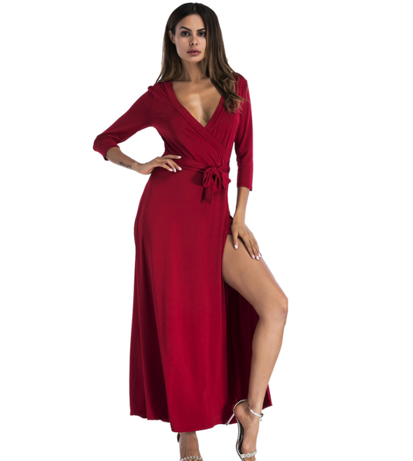 Bandage V Neck 3/4 Sleeve Maxi Dresses