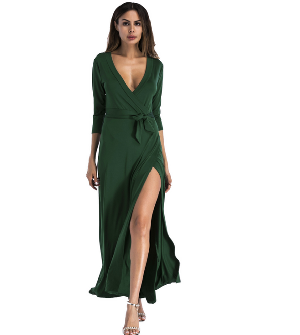 Bandage V Neck 3/4 Sleeve Maxi Dresses