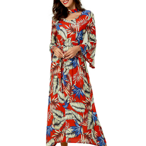 Bandage Print V Neck Long Sleeve Maxi Dresses