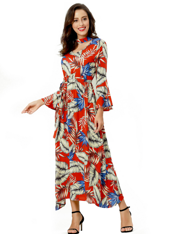 Bandage Print V Neck Long Sleeve Maxi Dresses