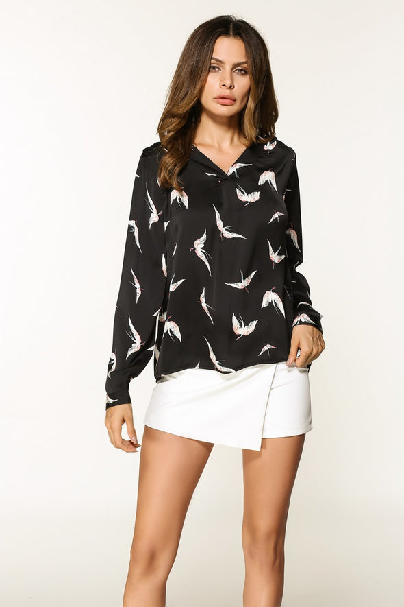 New V-neck long-sleeved bird shirt