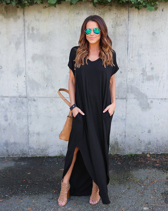 Short Sleeve Loose Pocket Maxi Dress