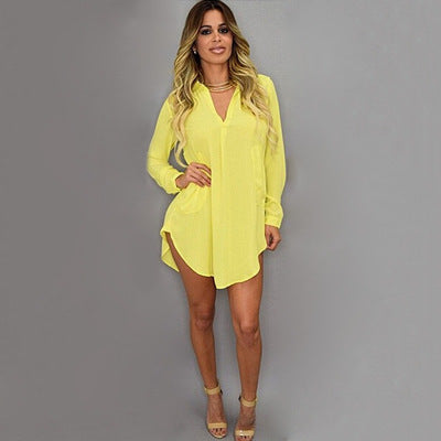 Women's Long Sleeve V-neck Irregular Chiffon Shirt Dress