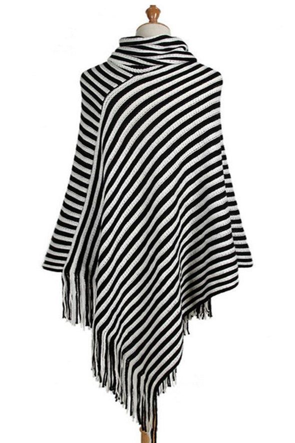 Cowl Neck  Striped  Tassel Cape  Sweaters