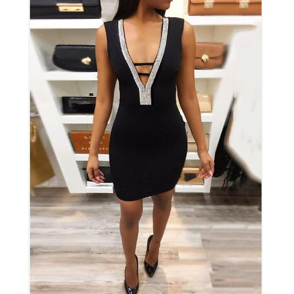 Sexy Deep V Collar Sleeveless Package Hip Bodycon Dress