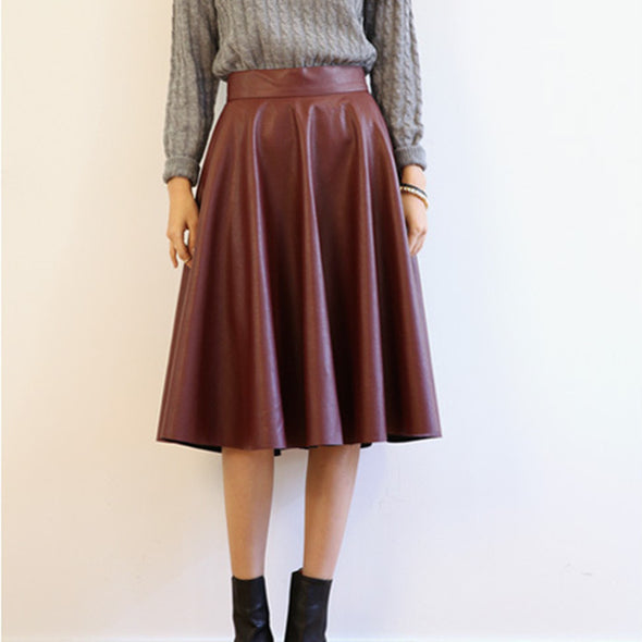 High Waist Slim Pleated Long PU Skirt Women