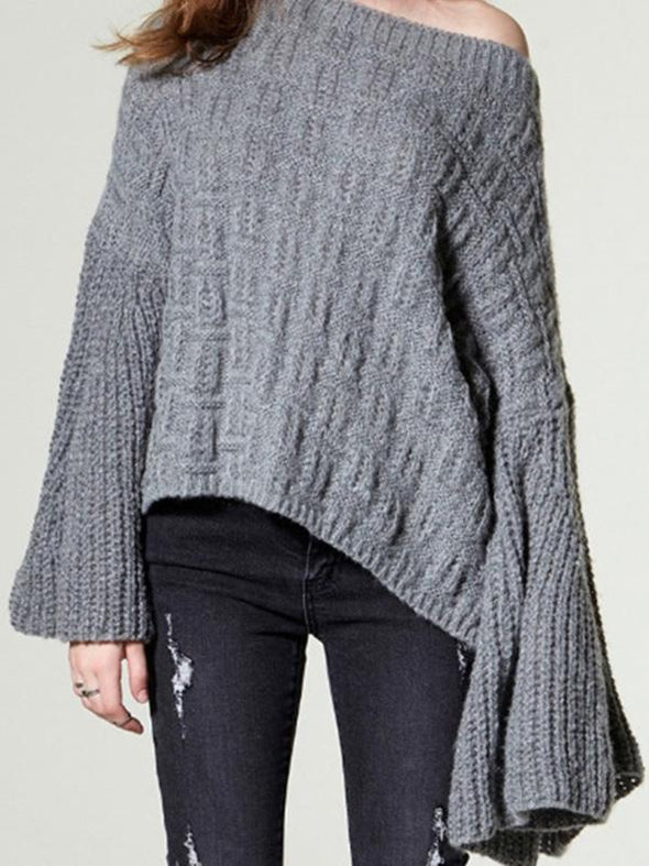 Loose Knitting Solid Color Flared Long Sleeves Sweater Tops