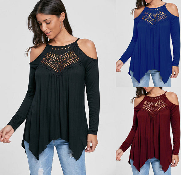 Cotton Cold Shoulder Openwork Long Sleeve Tops