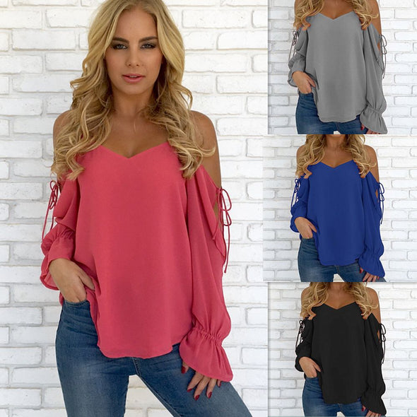 Chiffon Long Sleeve Cold Shoulder Solid Color V Neck Bandage Blouses