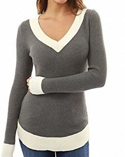 Slim V-Neck Long Sleeve Colorblock T-Shirt