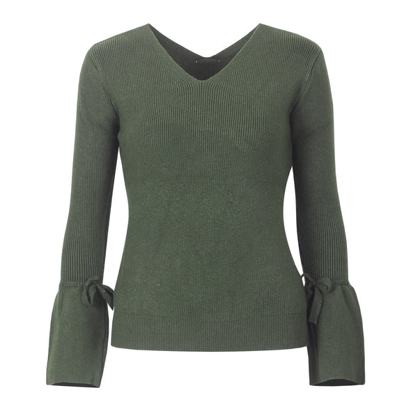 Back Bandage Bell Sleeve V- neck Sweaters