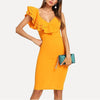 Pure Color Deep V Collar Ruffles Package Hip Bodycon Dress