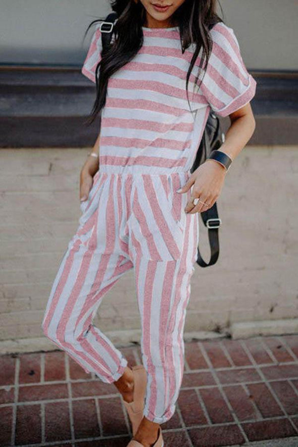 Stripe Pocket Casual Short Sleeve Jumpsuit