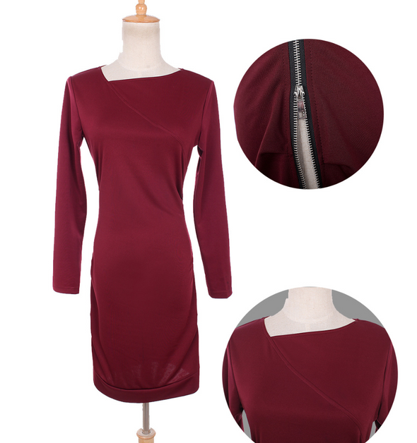 Oblique Collar Pure Color Long Sleeve Package Hip Bodycon Dress