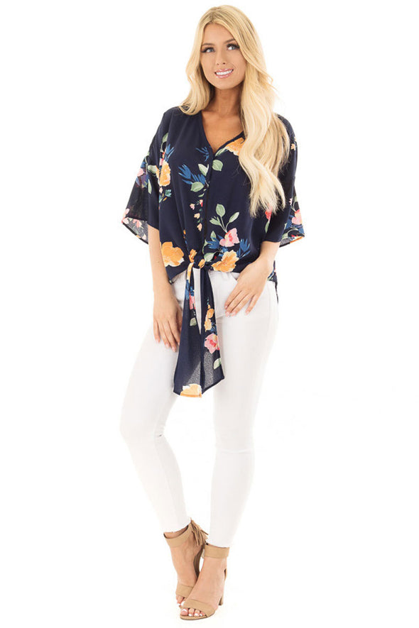 Women's V-neck knotted trumpet sleeve printed chiffon shirt