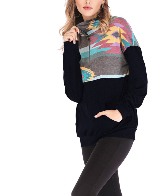 Fashion Printed Zip Pocket Long Sleeve Sweatshirt