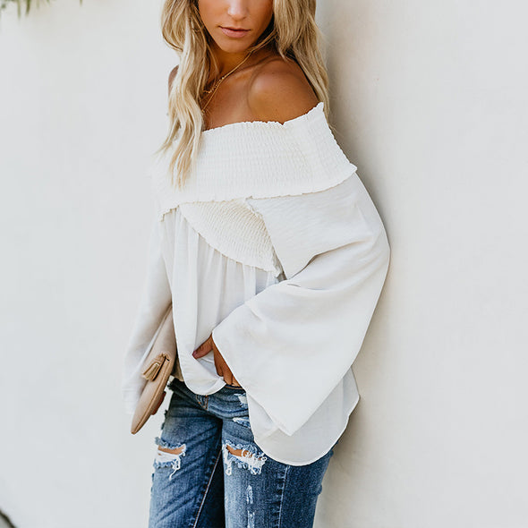 Elastic Off Shoulder Long Flare Sleeve Plain Pleated Loose T-Shirts