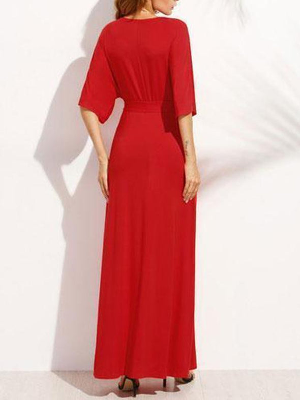 Deep V Collar Slit Belt Maxi Dress