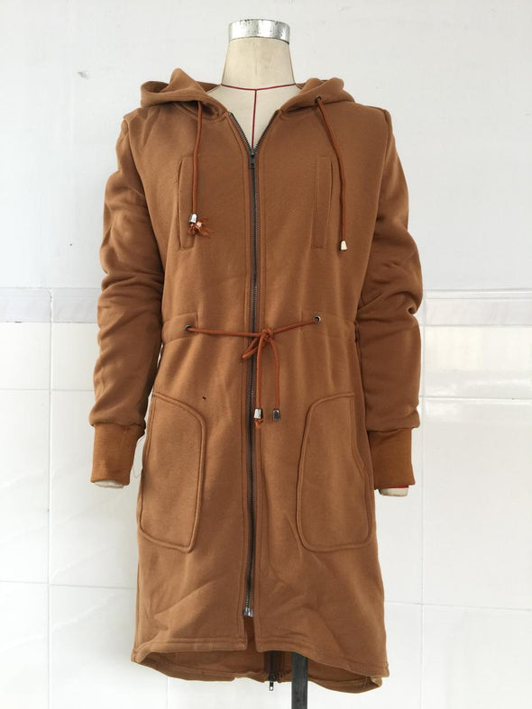 Drawstring Waist Longline Pockets Hooded Jacket