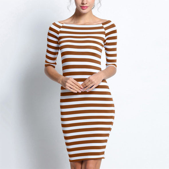 Cutaway Collar Strapless Striped Package Hip Bodycon Dress