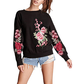 Embroidered Flower Round Neck Long Sleeve Sweatshirt