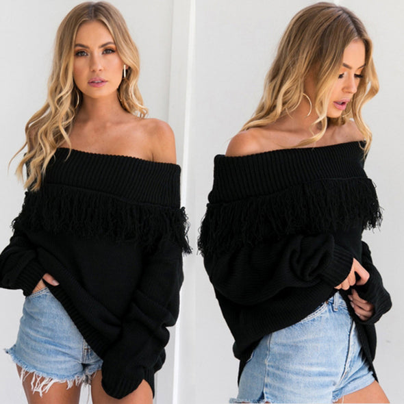 Sexy Solid Off-Shoulder Tassel Pullover Sweater