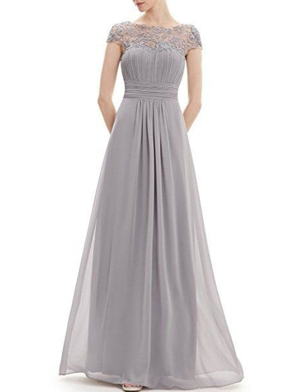 Round Neck Patchwork Ruched  Hollow Out Plain Evening Dress