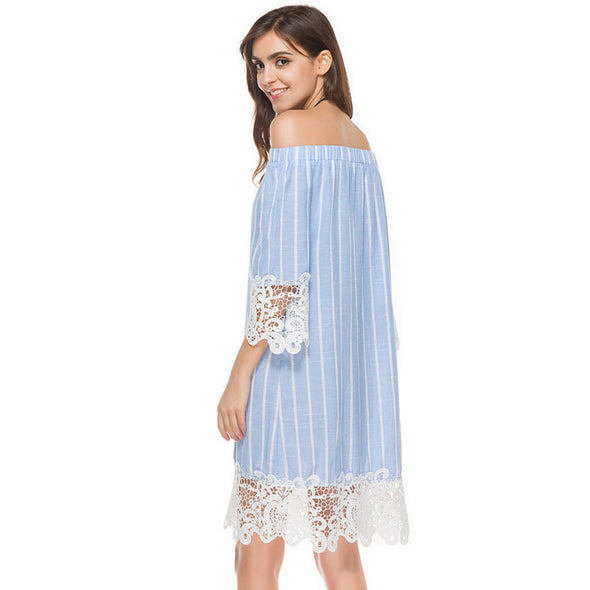 Women's summer new lace stripe lace dress