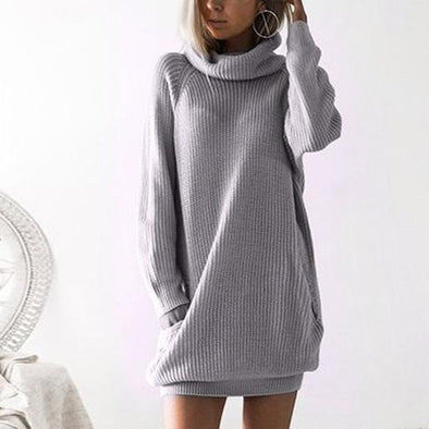 Fashion High Collar Long Sleeves Sweater Mini Dress