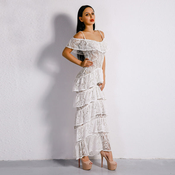 Sexy New Off Shoulder Lace Ruffles Split Maxi Dress