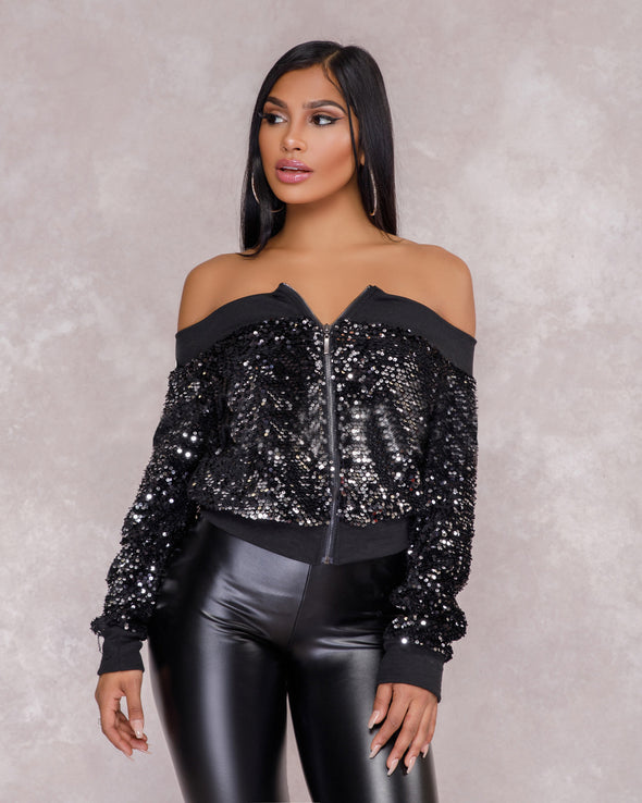 Sexy Off-shoulder Sequined Zipper Jacket