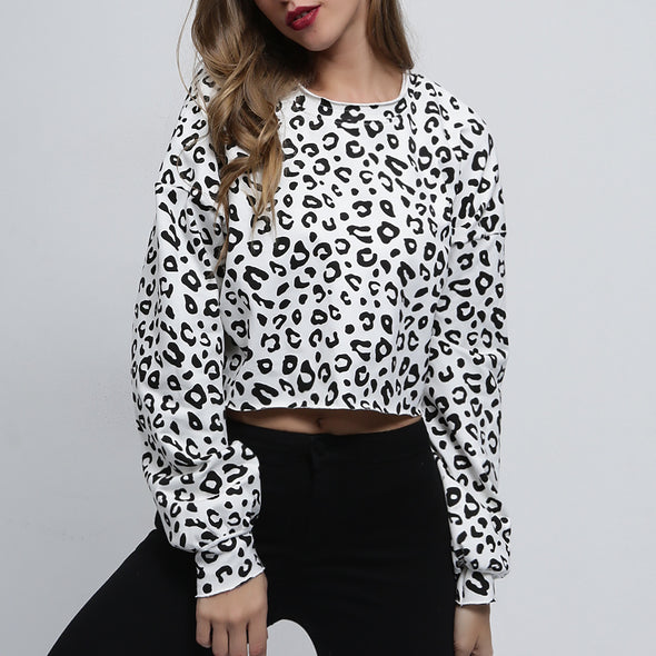 Sexy Leopard O-Neck Short Cotton Sweatshirt