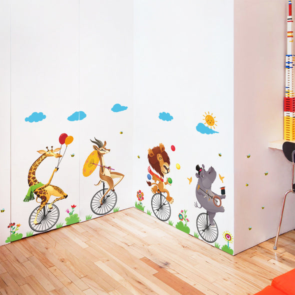 Cartoon Animal Stepping On Bicycle Wall Sticker