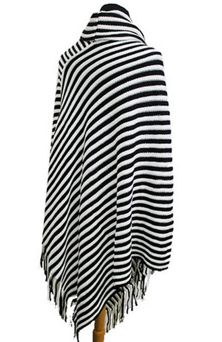 Striped Irregular Tassel Cloak High Collar Blouse T-Shirt