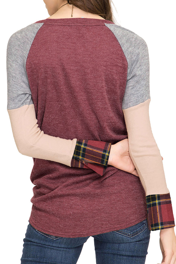 Plaid Stitching Hem Knotted T-Shirt