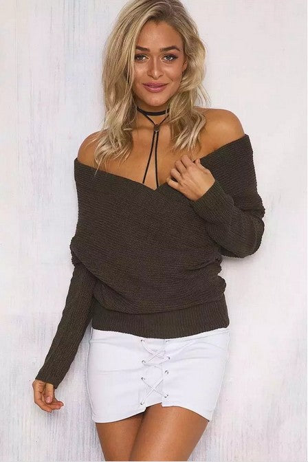 V-Neck Long-Sleeved Solid Color Sweater