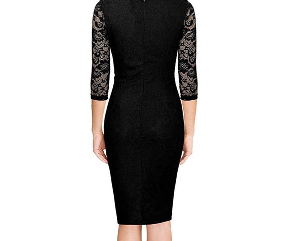 Three Quarter Sleeve Lace Panel Ruched Bodycon Dress