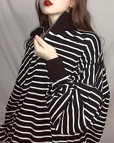 Personality Striped Zipper High Collar Loose Sweatshirt