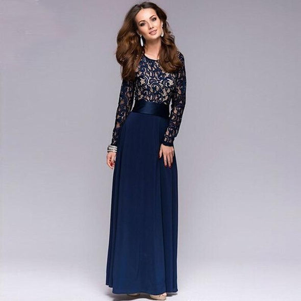 Blue Long sleeve Maxi Round neck Patchwork High waist Lace Maxi Dresses