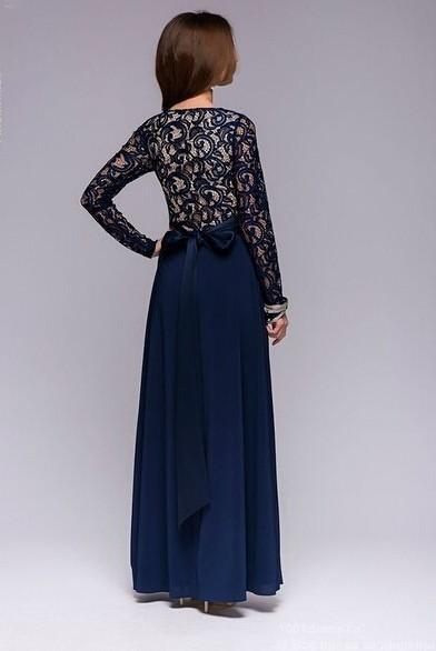 Blue Long sleeve Maxi Round neck Patchwork High waist Lace Maxi Dresses