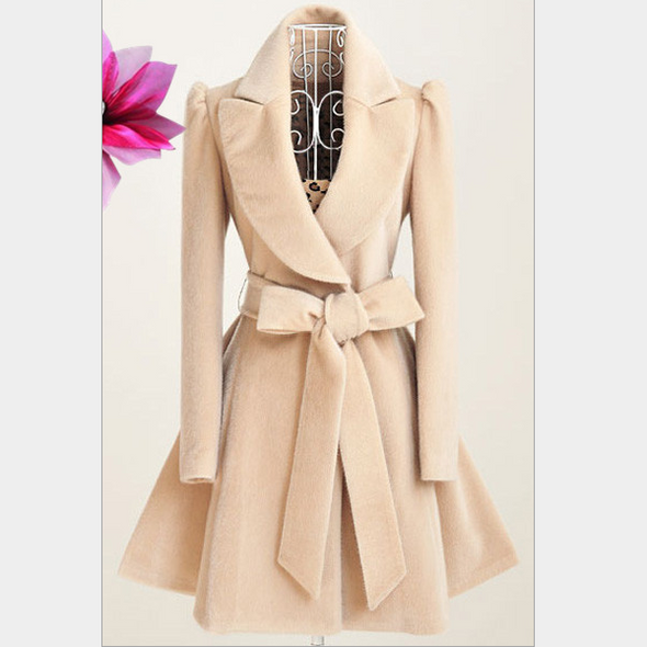 Fold-Over Collar Belt Belt Loops Plain Long Sleeve Coats